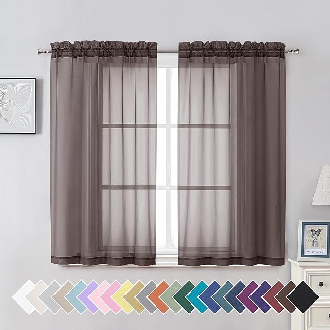 Aiyufeng Chocolate Sheer Curtains 45 Inches Long 2 Panels, Solid Voile Top Dual Rod Pockets Stylish Breathable Drapes Window Treatment for Kid's Room/Bedroom/Living Room, 42W x 45L, Chocolate Brown
