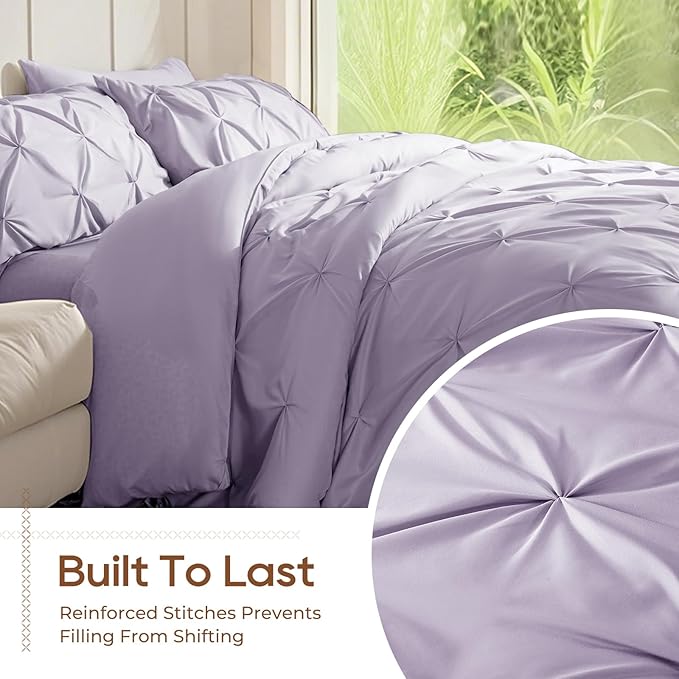 Sasttie Twin XL Comforter Set, 5-Piece Bed in a Bag, Pintuck Bedding Sets for All Season, Includes Comforter, Flat Sheet, Fitted Sheet, Pillowcase and Pillowsham, Lavender