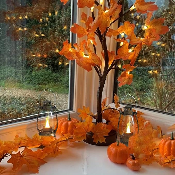 (12 Pcs-5.1in) Mini Lanterns for Vintage Western Christmas Decor, Lightweight Bronze Small LED Lanterns Decorative Indoor & Outdoor Hanging Ornaments for Weddings Party Halloween Decorations