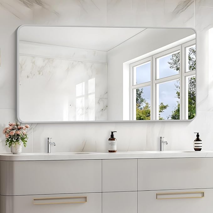 55x30 Inch Silver Bathroom Mirror, Large Rectangular Vanity Mirror, Metal Framed Rectangle Mirrors, Rounded Corner Wall Mounted Mirrors for Living Room Bedroom Entryway Horizontal or Vertical