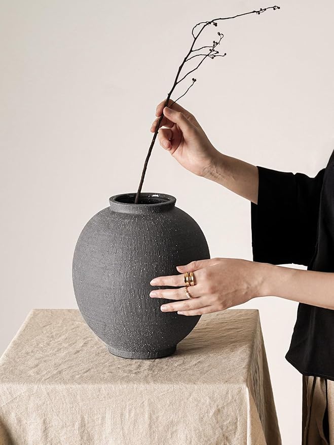 Large Blak Ceramic Vase - 9.8 Inch Rustic Farmhouse Vase for Home Decor, Minimalist Tall Vases for Living Room, Table, Bathroom, Holiday & Weddings (Sandstone Black)