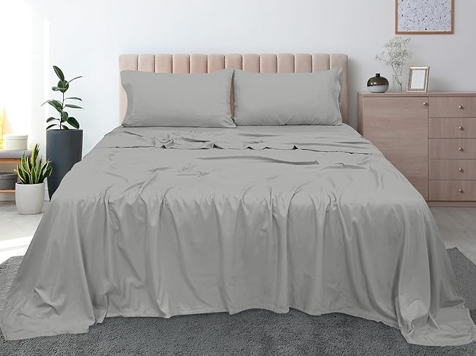 Royale Linens 300 Thread Count 100% Long Staple Combed Cotton Flat Sheet - Super Soft - Top Sheets - Twin Flat Sheet Sold Separately - Breathable, Cool & Crisp Percale Sheets Only (Twin, Silver)