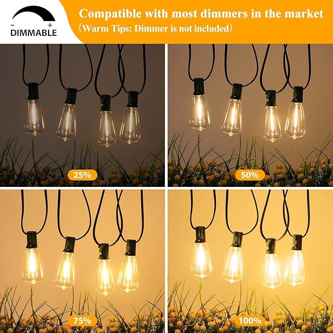 Brightever LED Outdoor String Lights 100FT with 52 Shatterproof ST38 Vintage Edison Bulbs, Outside Hanging Lights Waterproof for Patio, Porch, Deck, Garden, Backyard, Balcony, Green Wire