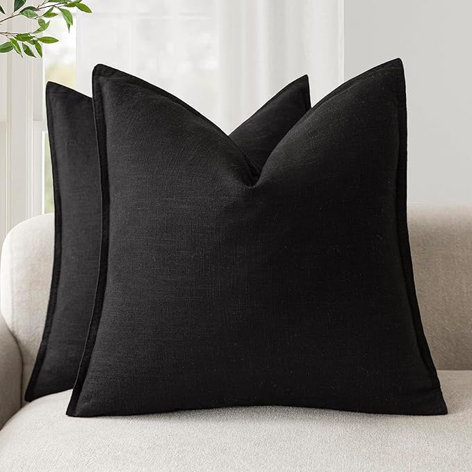 Foindtower Pack of 2, Decorative Linen Soild Throw Pillow Covers Soft Accent Cushion Case Boho Farmhouse Neutral Pillowcase for Chair Couch Sofa Bedroom Living Room Home Decor 26 x 26 Inch Black