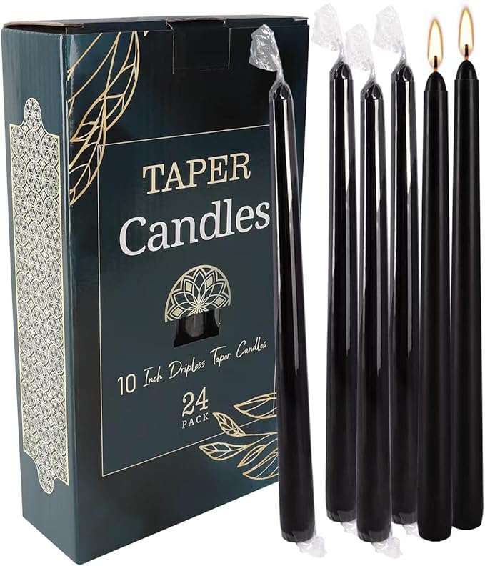 24 Pack Black Taper Candles, 7-8 Hours Burn Time, Unscented, Smokeless and Dripless, 0.75 x 10 Inch Dinner Candle Set for Halloween, Household, Wedding, Party and Home Décor Candlesticks
