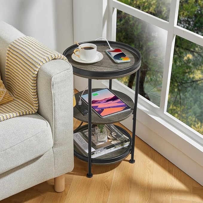 Dulcii Round Side Table with Charging Station, End Table with 3 Shelves for Living Room, Bedroom Nightstand with Steel Frame for Small Spaces, Industrial Round Sofa Table (USB+Grey)