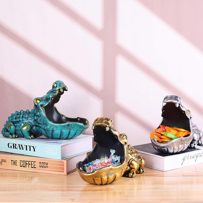 Alligator Statue Key Bowl, Fun Animal Statue Candy Dish for Entryway Decorative Bowl, Office Candy Dish, Big Mouth Sculpture Home Living Room Trinket Container Storage Box (Green)