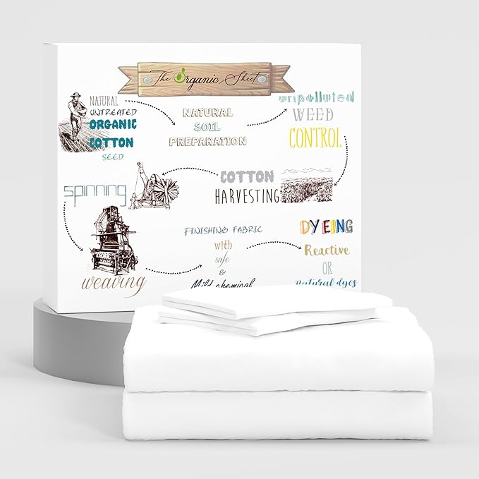 SUPREME ELEGANCE 100% Organic Cotton Percale Full Sheet Set – Crisp & Breathable Cooling Cotton Bedding, Deep Pocket Fits up to 18″, Soft & Durable, Snow White, 4-Piece Set