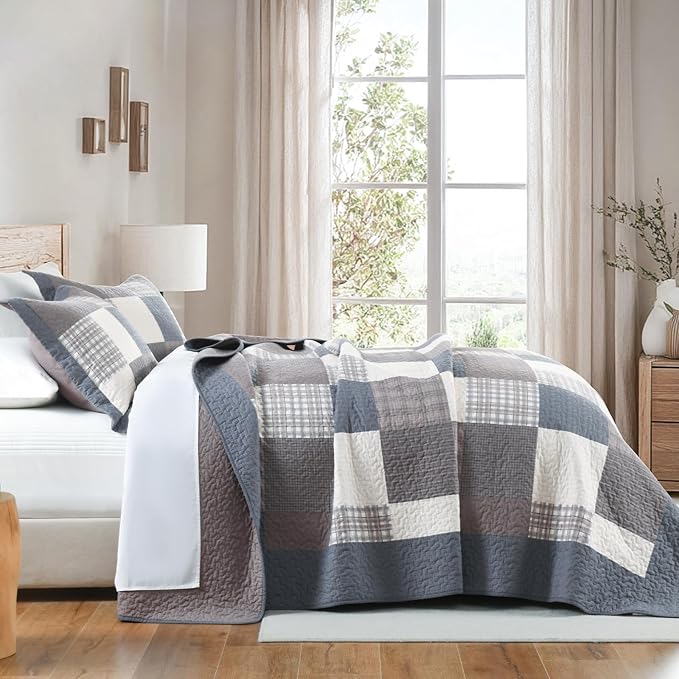 Quilts King Size - Plaid Design Modern Quilt Set with Matching Shams, 3 Pieces 100% Cotton King Quilt Bedding Set, Reversible Bedspread Coverlet for All Season, Gray/Brown/Beige