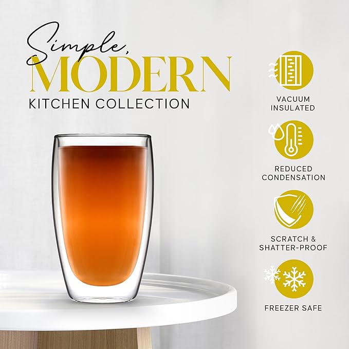 Kitchables Double Walled Glass Coffee Mugs Set of 2, 15oz Insulated Glass Coffee Mugs for Cappuccino, Latte, Tea, Espresso - Latte Cup - Tazas Para Cafe