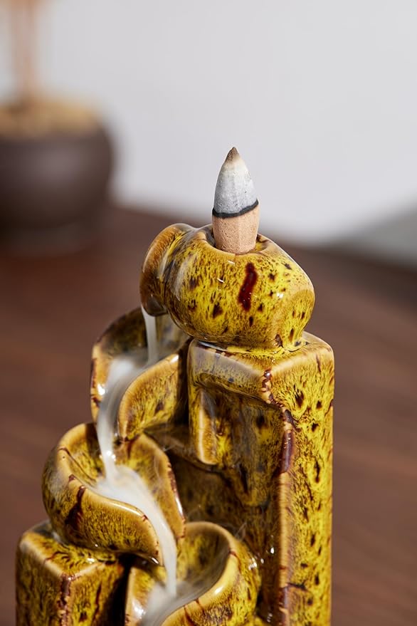 Unique Cascading Basins Ceramic Waterfall Incense Holder, Paired with a Pack of Backflow Incense Cones. (Fambe Yellow)