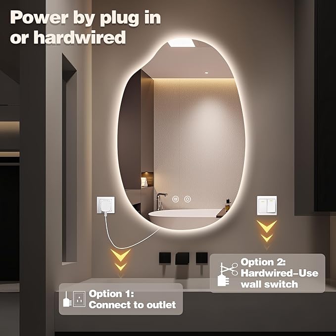 32"x22" Asymmetrical Led Mirror for Bathroom, Irregular Backlit Vanity Mirror with Lights, Frameless Smart Mirror, 3 Colors Stepless Dimmable, Anti-Fog, Memory, CRI95+, Horizontal/Vertical