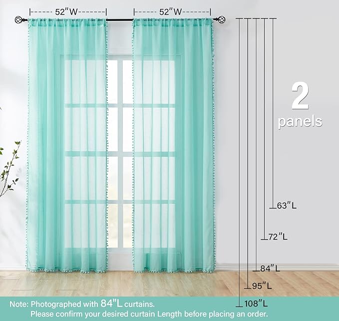 Treatmentex Aqua-Blue Pom-Pom Sheer Curtains for Bedroom Nursery Room 63inches Long Linen Textured Window Sheer Drapes 52" W, 1 Pair, Rod Pocket