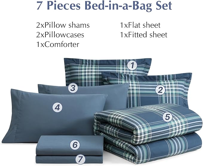Plaid Queen Comforter Set, Midnight Blue Bedding Set 7 Pieces for Boys Girls Teen, Classic Farmhouse Bed in a Bag with Sheets, Pillowcases & Shams