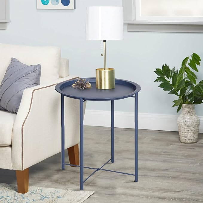 VECELO Side/End Table, Folding Round Metal Anti-Rust and Waterproof Outdoor or Indoor Tray for Living Room Bedroom Balcony and Office, 2 PCS, Blue