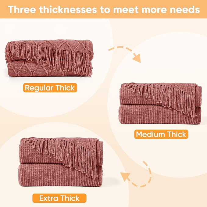 inhand Coral Pink Throw Blanket for Couch Bed,Chunky Chenille Woven Soft Warm Christmas Blankets Gifts for Women with Tassels, Cozy Boho Farmhouse Fall Winter Decor,60"x80",Medium Thick