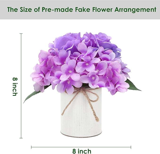 Flower Table Centerpieces - Set of 6 Floral Arrangement Artificial Wedding Hydrangeas Floral Arrangement with Rustic Metal Vase for Bridal Tea Party Event Decorations - Purple