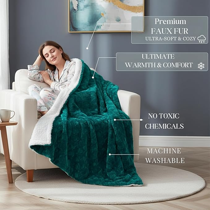 DaDa Bedding Lavish Emerald Green Blue Faux Fur Fuzzy Throw Blanket - Mermaid Scales Design White Sherpa Backside - Soft Warm Plush Bright Vibrant Jewel Tones Embossed for Bed/Couch - 63" x 90"