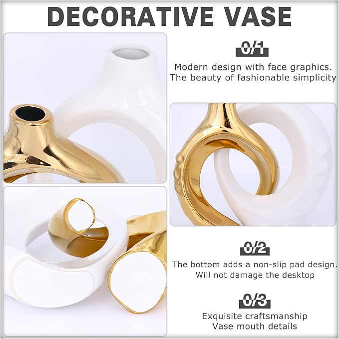 White Gold Ceramic Decorative Vase Home Decor, White and Gold Vase Set of 2, Pampas Grass Decorative Vase, Coffee Table Vase, Entryway Table Decor (White Gold)