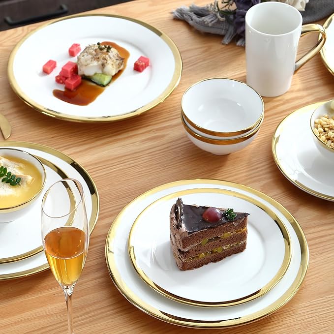 Luxury Dinner Plates, Set of 6, 10 inch, Elegant White Porcelain Plates with Gold Trim, Appetizer Plates, White Plate Set.