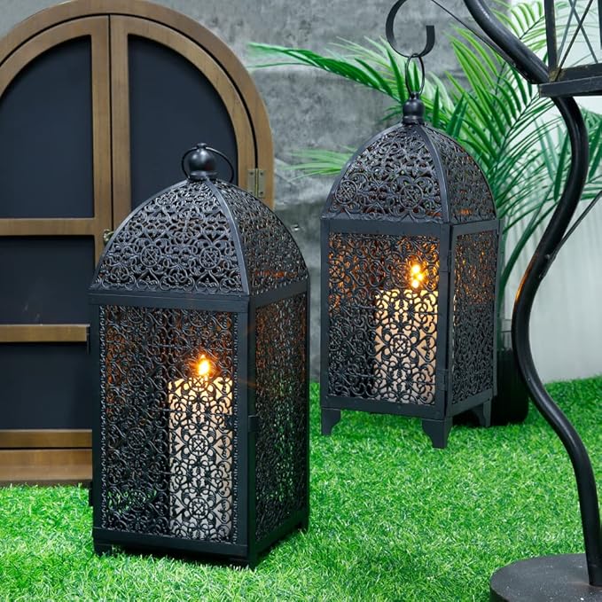 TRIROCKS Set of 2 Vintage Decorative Candle Lantern 12''&16.5'' High Metal Candle Holder Hanging Lantern with Hollow Pattern for Living Room Garden Parties Events Indoors Outdoors(Black)