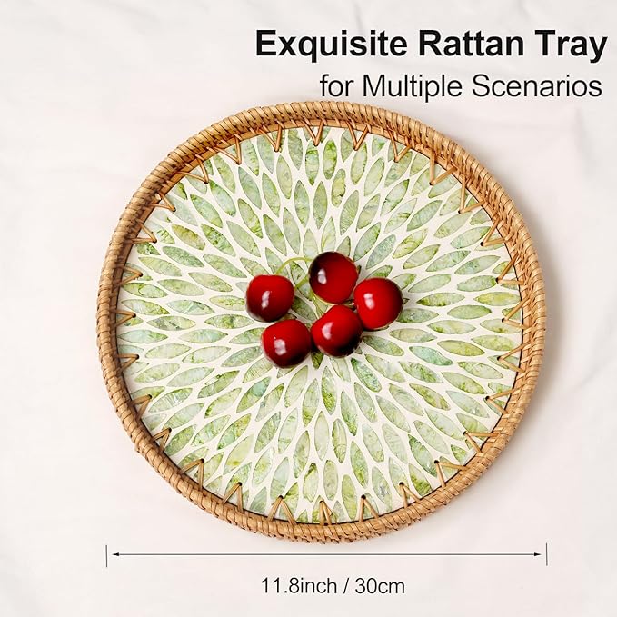 Round Rattan Tray with Mother of Pearl Inlay, Rattan Serving Tray for Coffee, Bread, Fruits, Decorative Wicker Tray for Table Decor, Home Decor, Kitchen Island Decor (Green Leaf, 11.8")