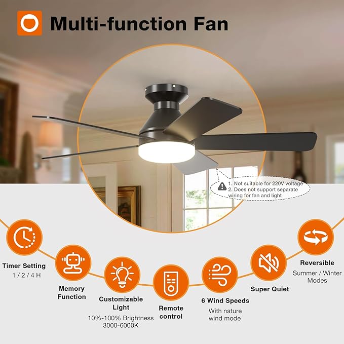 addlon Ceiling Fans with Lights, 42 Inch Low Profile Ceiling Fan with Light and Remote Control, Flush Mount, Reversible, 3CCT, Dimmable, Quiet, Black Small Ceiling Fan for Bedroom Indoor/Outdoor Use