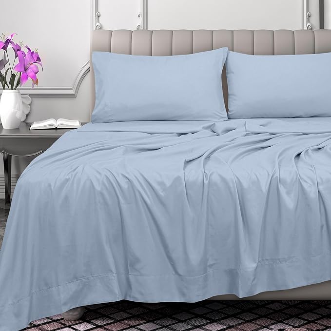 Royale Linens 300 Thread Count 100% Long Staple Combed Cotton Flat Sheet - Super Soft - Top Sheets - Twin Flat Sheet Sold Separately - Breathable, Cool & Crisp Percale Sheets Only (Twin, Lake Blue)