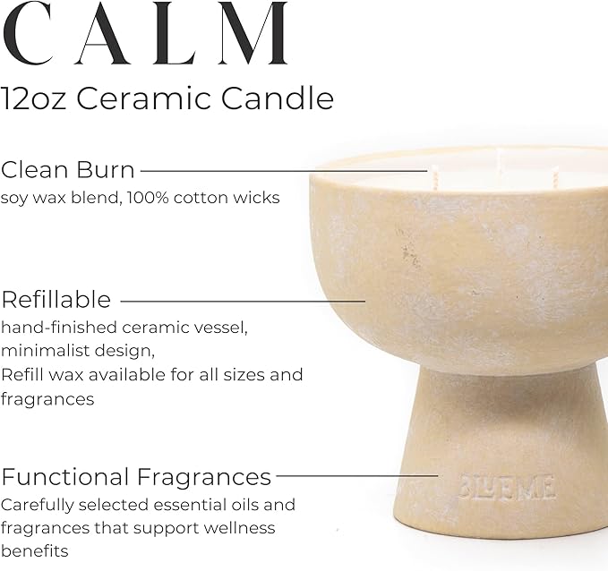 BLUEME Calm - Osmanthus & Sandalwood, Luxury Candle w/Essential Oils, 3 Wick, Hand-Poured Soy, Cotton Wick, Ceramic