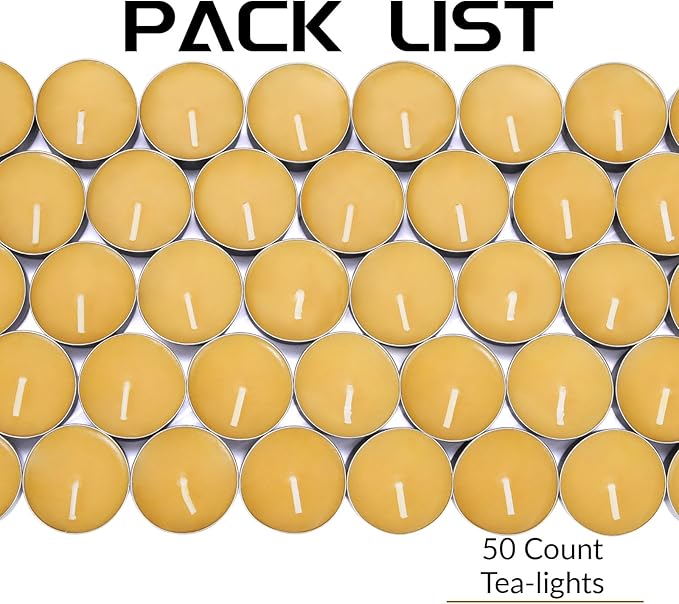 Natural Organic Beeswax Tea Candles in Metal Aluminum Cup - Small Candle Bulk Natural Scent Smokeless 4-5 Hours Long Burning - Yellow, Pack of 50
