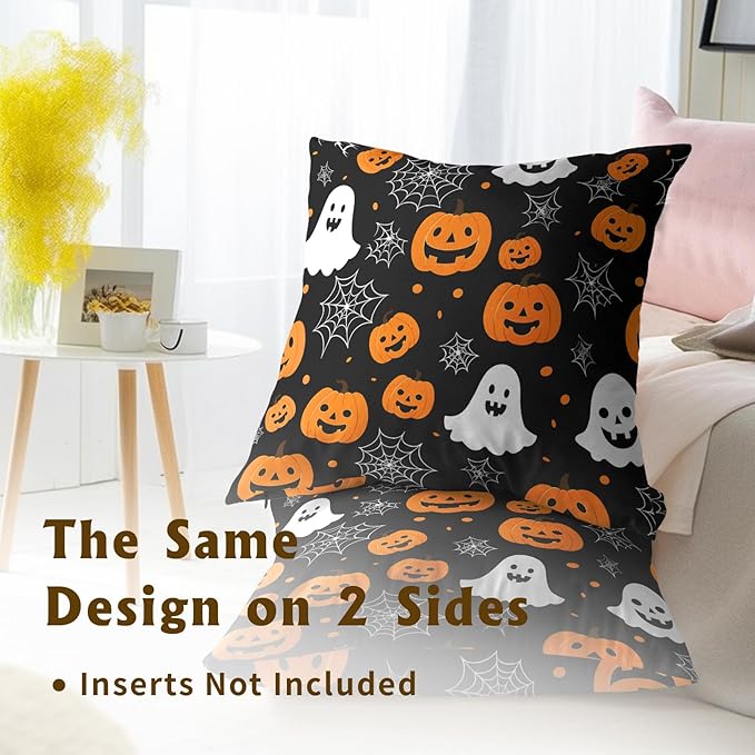 Halloween Throw Pillow Covers 18x18 - Ghost Pumpkins Pillow Covers 2PCS Halloween Day Spider Web Pillowcases for Couch Sofa Bench Bedroom