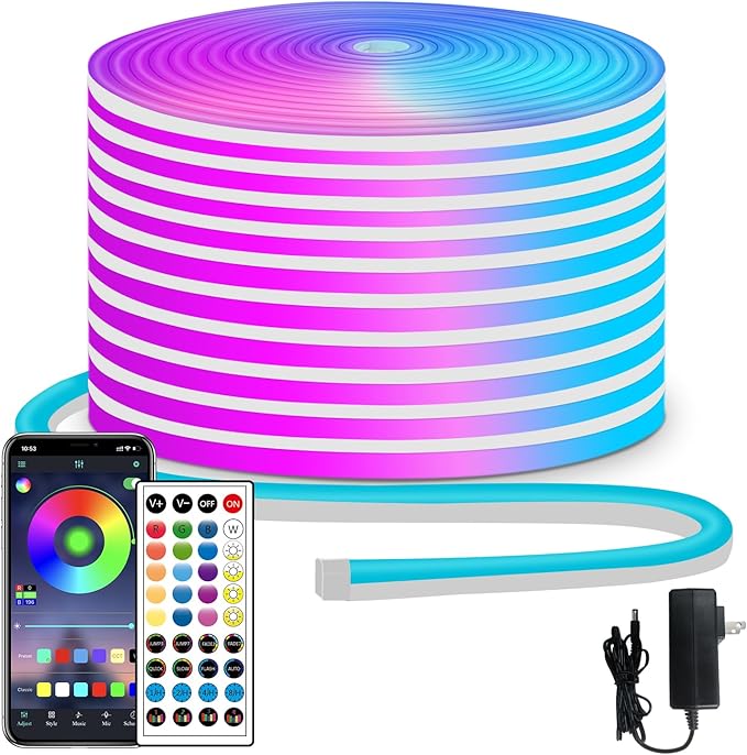 50ft RGB LED neon Rope Lights LED neon Strip Lights with Remote Control/APP Control IP65 24V Waterproof Flexible Neon LED Strip Lights,Led Lights for Bedroom Room Outdoors Décor
