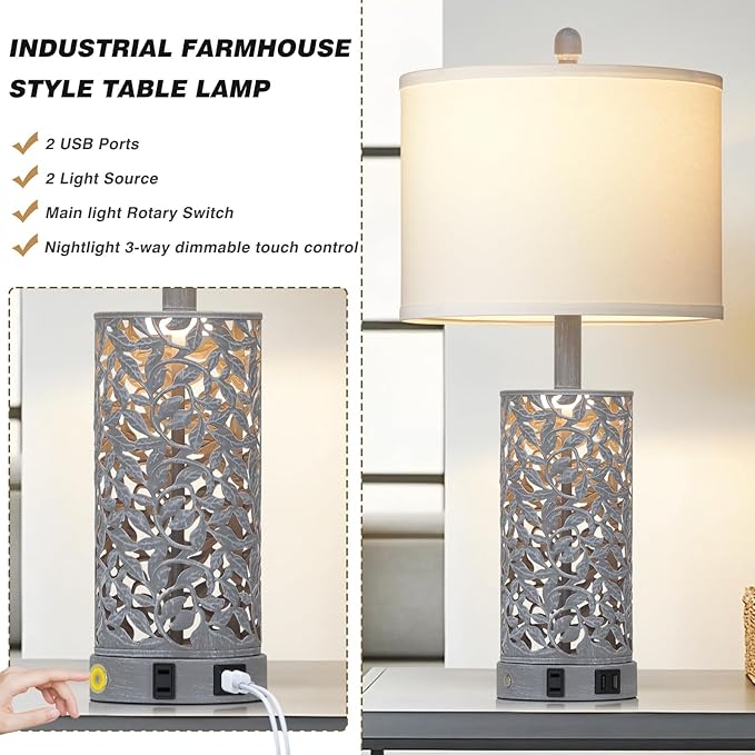 Vintage Lamp for Living Room Set of 2,Antique Retro Bedside Nightstand Lamps with 2 USB Ports & AC Outlet,Touch Control Industrial Desk Lamp for Bedroom Entryway,Gray