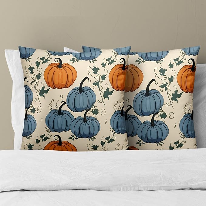 Fall Pumpkin Throw Pillow Covers - Orange Blue Pumpkins Pillow Covers 16x16 Set of 2 Autumn Harvest Pillowcase Thanksgiving Farmhouse Cushion Case for Sofa Couch Outdoor Porch