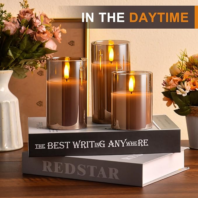Tyawon Glass Battery Operated LED Flameless Candles with Remote and Timer, Real Wax Candles Warm Color Flickering Light for Festival Wedding Home Party Decor(Pack of 3)-Grey