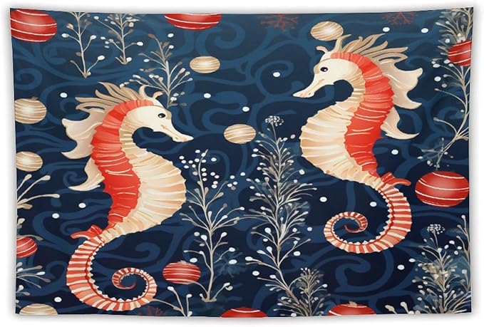 Seahorse Christmas Kiss Beach Tapestry As Wall Art Coastal Nautical Bedroom Tapestries Landscape Tapestry Wall Hanging for Bedroom Living Room Dorm Decor 40"x60" Christmas Family Party