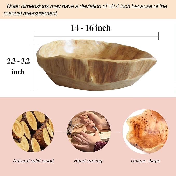 Wooden Bowl Decorative Natural Wood Fruit Bowl, Irregular Creative Wood Bowls, Rustic Hand Carved Candy Snack Keys Serving Bowls for Home Decor (14"-16" Diameter)