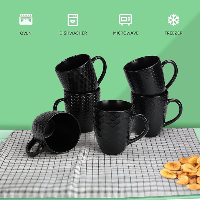 16 OZ Bone Coffee Mugs Set of 6 Matte Black, Large Ceramic Coffee Mugs Set with Different Texture Patterns, Porcelain Cups with Handle for Espresso Latte Tea Milk