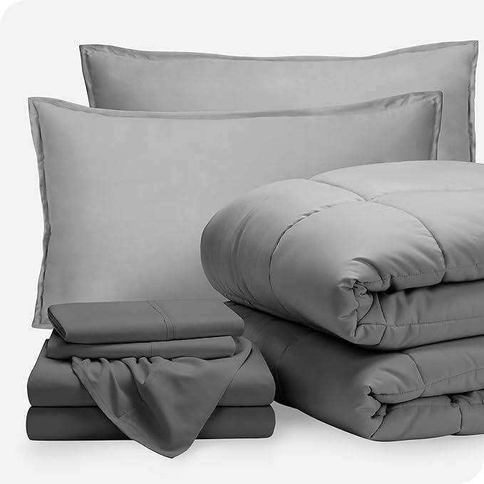 Bare Home Bed-in-A-Bag 7 Piece Comforter & Sheet Set - King - Goose Down Alternative - Ultra-Soft 1800 Premium Bedding Set (King, Light Grey/Grey)