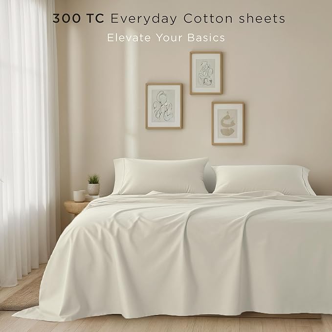 Threadmill 100% Cotton Sheets for King Size Bed | 4 Pc King Bed Sheets Set | Soft, Breathable Lightweight Solid Sateen for All-Season Use | Snug Fit Elastic Deep Pocket King Sheets | Ivory