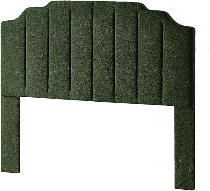24KF Dark Green Teddy Fabric Tufted for Queen Upholstered Headboard, Modern Vertical Channel Design Full Headboard with Stepped Silhouette Top Edge, 6026-Q-Teddy Dark Green