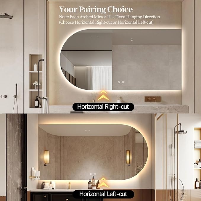 Arched LED Bathroom Mirror, 48"x24" Arch Framless Backlit Mirror with Lights Anti-Fog Dimmable Smart Frameless 3-Color Lighted Vanity Mirror Memory Waterproof, UL Listed, Horizontal-Right