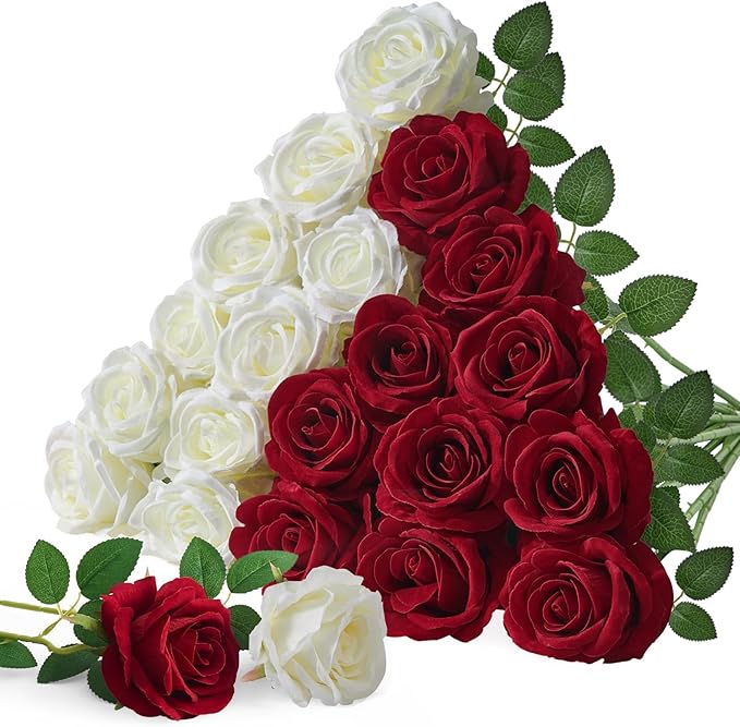 Serwalin 20pcs Artificial Red and White Roses, 4'' Big Flower Head, Fake Roses Velvet Real Touch, Silk Roses Long Stems Realistic Bouquet for Wedding Table Centerpiece and Home Decor