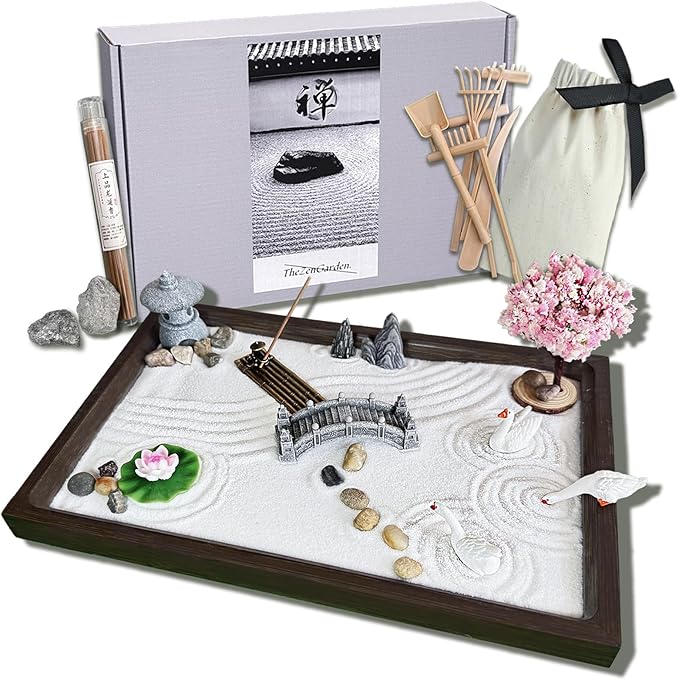 SRAYW Zen Garden Kit for Desk Decor. 11x7.5'' Beautiful Japanese Mini Zen Garden Meditation Gifts Set for Home,Office Desk＆Meditation Room.6 Tools ＆ 18 Accessories. Zen Sand Tray Therapy