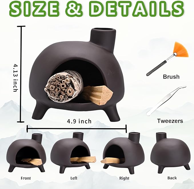 Handmade Ceramic Palo Santo Holder Burner - Mini Chimenea Incense Dish for Palo Santo and Sticks .Sage Holder for for Aromatherapy, Yoga, Meditation Gift and Home Decor (Black)