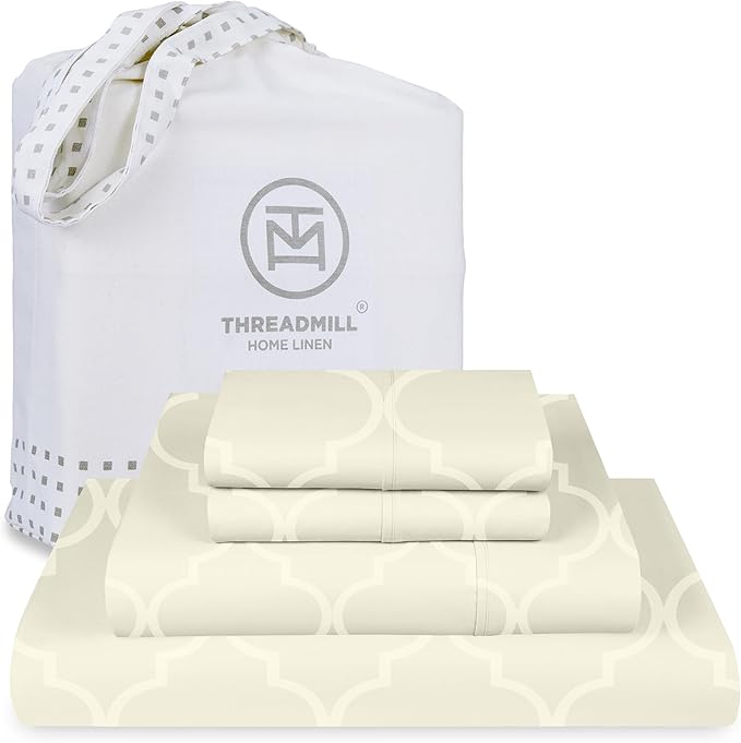 Threadmill 100% Cotton Sheets for King Size Bed | 4 Pc King Bed Sheets Set | Soft, Breathable Lightweight Damask Sateen for All-Season Use | Snug Fit Elastic Deep Pocket King Sheets | Ivory