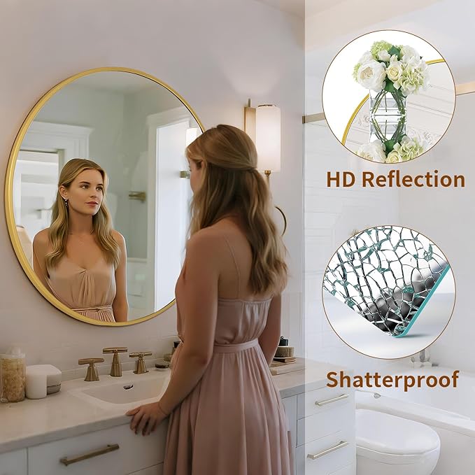 Round Mirror Wall Mounted Mirror - 30" Circle Mirror Bathroom Vanity Mirror with Aluminum Frame for Bedroom Living Room, Entryway Decor Gold Mirror
