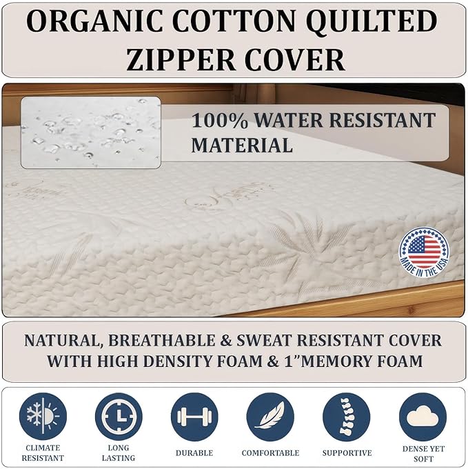 Foamma 7" x 39" x 75" Mattress for RV with Water Resistant Organic Cotton Cover, Firm High Density Foam, USA Made, CertiPUR-US Certified Foam