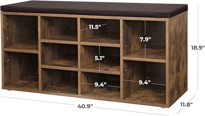 VASAGLE CUSTOS Collection - Shoe Bench, Storage Bench with Padded Seat, Entryway Bench with 10 Compartments, for Bedroom, 11.8 x 40.9 x 18.9 Inches, Rustic Brown and Chestnut Brown ULHS010X01