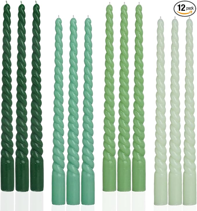 Candlestick Green Taper Candles 12 inch Unscented Smokeless Long Tall Tapered Candle for Candlesticks Sticks Wedding Advent Home Decor Dinner Christmas，Set of 12,Sprial